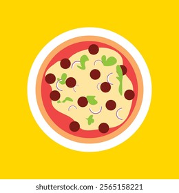 Pizza flat icon isolated on color background. Pizza food silhouette. Pizza piece, vegetarian slice. Food menu illustration isolated. Pizza vector. Vector design element