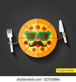 Pizza flat icon with long shadow, eps10. Food icon for menu, cafe and restaurant. Flat design vector isolated on black background.Cartoon hipster character with mustache and sunglesses.Yummy Pizza man