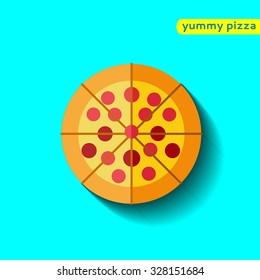 Pizza flat icon with long shadow, eps10. Food icon for menu, cafe and restaurant. Flat design vector isolated on blue background.Cartoon Yummy Pizza 