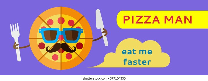 Pizza flat icon with text, eps10. Food icon for menu, cafe and restaurant. Flat design vector isolated on violet background. Cartoon hipster character with mustache and sunglasses.Yummy Pizza man. 