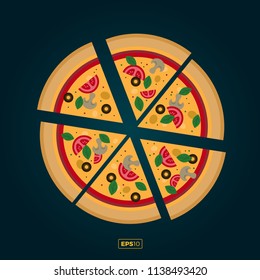 Pizza flat icons isolated on dark background. Pizza food silhouette. Pizza piece,pizza slice. Pizza menu illustration isolated. 