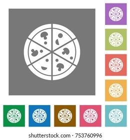 Pizza flat icons on simple color square backgrounds