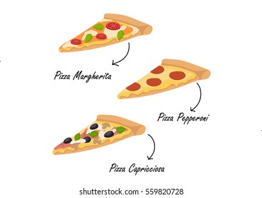 Pizza flat illustration, set of pizzas, pepperoni, pizza capricciosa, margheritta pizza slice