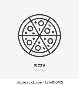 Pizza flat line icon. Vector thin sign of italian fast food cafe logo. Pizzeria illustration.