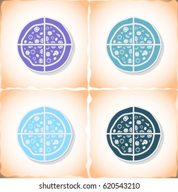 Pizza. Flat sticker with shadow on old paper. Vector illustration