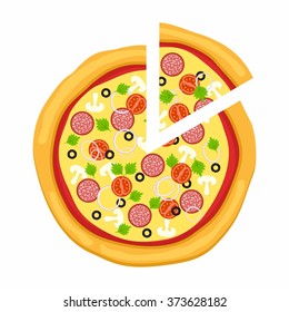 Pizza in flat style isolated on white background. Icon food silhouette. Vector illustration