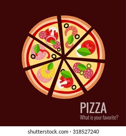 Pizza in flat style vector background. Illustration of pizza Margherita, Pepperoni, Seafood, Hawaiian, Mexican, Mushroom, Italian.