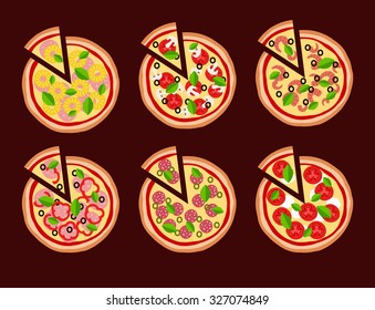 Pizza in flat style vector background. Illustration of pizza Margherita, Pepperoni, Seafood, Hawaiian, Mexican, Mushroom, Italian.