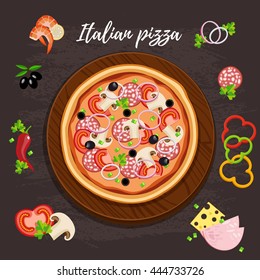 Pizza flat style vector illustration.  Flat style design - vector icon set of product  with ingredients. EPS 10