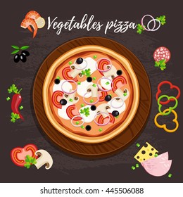 Pizza  flat style vector illustration.  Flat style design - vector icon set of vegetables pizza product  with ingredients. EPS 10