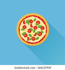 Pizza Flache Vektorgrafik. Flaches Design Illustration der italienischen Pizza mit Käsetomaten und Basilikum