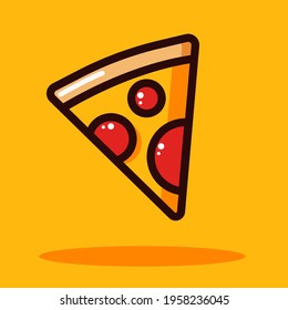 Pizza flat vector illustration. Slice of pizza vector for restaurant, dinner and italian menu. Bright colorful pizza on yellow background with vibrant and bright colors. Pizzeria logo template