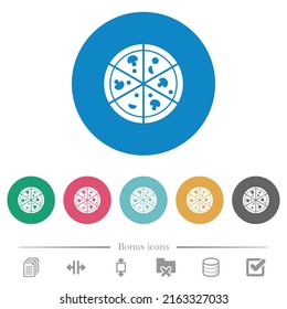 Pizza flat white icons on round color backgrounds. 6 bonus icons included.