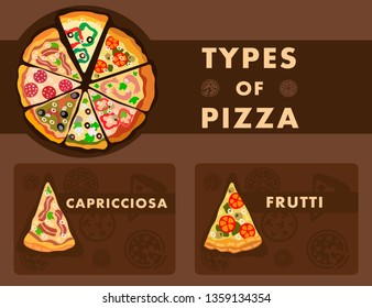 Pizza Flavours Choosing Poster Cartoon Template. Street Food Restaurant Menu for Website. Capricciosa and Frutti Slices on Brown Background. Chopped Bacon, Tomatoes on Baked Dough Illustration