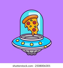 Pizza Floating In Ufo Cartoon Vector Icon Illustration. Food Science Icon Concept Isolated Premium Vector. Flat Cartoon Style