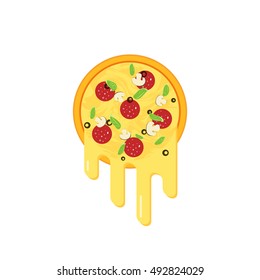 Pizza with flowing cheese vector illustration, flat cartoon pizza with a lot of cheese, concept of creative logo, brand symbol isolated on white background 