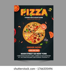 Pizza Flyer Design Template cooking, cafe and restaurant menu, food ordering, junk food. Pizza, Burger, French fries and Soda. Vector illustration for banner, poster, flyer, cover, menu, brochure.