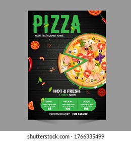 Pizza Flyer Design Template cooking, cafe and restaurant menu, food ordering, junk food. Pizza, Burger, French fries and Soda. Vector illustration for banner, poster, flyer, cover, menu, brochure.