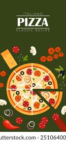 Pizza Flyer Design Template. Cooking, cafe and restaurant menu, food ordering, junk food. Vector illustration for banner, poster, flyer, cover, menu brochure