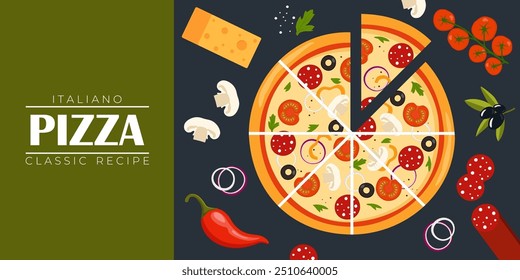 Plantilla de diseño de volante de pizza. Cocina, menú de cafetería y restaurante, pedidos de comida, comida chatarra. Ilustración vectorial para el Anuncio, cartel, volante, cubierta, folleto del menú