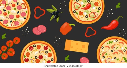 Plantilla de diseño de volante de pizza. Cocina, menú de cafetería y restaurante, pedidos de comida, comida chatarra. Ilustración vectorial para el Anuncio, cartel, volante, cubierta, folleto del menú