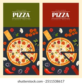 Plantilla de diseño de volante de pizza. Cocina, menú de cafetería y restaurante, pedidos de comida, comida chatarra. Ilustración vectorial para el Anuncio, cartel, volante, cubierta, folleto del menú