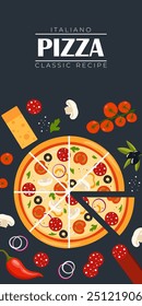 Plantilla de diseño de volante de pizza. Cocina, menú de cafetería y restaurante, pedidos de comida, comida chatarra. Ilustración vectorial para el Anuncio, cartel, volante, cubierta, folleto del menú