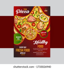 Pizza flyer template.Fast Food Flyer Design Template cooking, cafe and restaurant menu, food ordering, junk food. Pizza, Burger, French fries and Soda. Vector illustration for banner, poster, flyer.