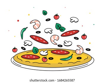 Pizza con los ingredientes voladores