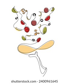 Pizza con ingredientes voladores en continuo estilo de arte de una línea. Ilustración vectorial simple