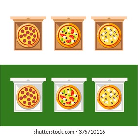 Pizza food box. Vector set of pizza icons isolated on delivery boxes. Pizza vector collection with cheese, mushrooms, sausage, bacon, salami, black olives, tomatoes and other.