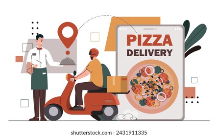 Entrega de comida para pizza. Hombre en scooter cerca del cliente con smartphone cocina italiana y comida para llevar. Mensajero en bicicleta. Comercio electrónico y marketing. Ilustración de vector plano de dibujos animados