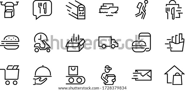 PIZZA, AND FOOD DELIVERY Vector\
thin line, contains a courier, home delivery, food ordering, fast\
transport, drone, ship, car, editable stroke. outline\
icons