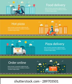 Pizza and food delivery web banners set, vector illustration.  Delivery by scooter. Courier in helmet on scooter delivering pizza. Delivery by truck. 