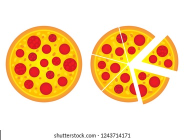 Pizza food flat cartoon design vector, illustration.There are pepperoni, cheese italian fast food. Top view of pizza slides isolated on white background.