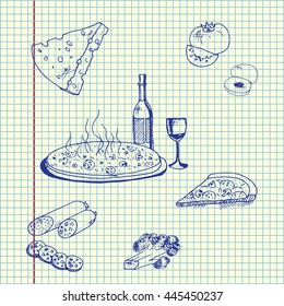 Pizza with food. Hand drawn vector stock illustration. Sheet ball pen drawing.