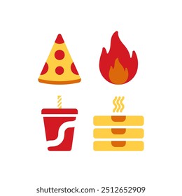 Icono de comida de pizza Ilustración de conjunto Comer Bebida Soda Box Fire Flat