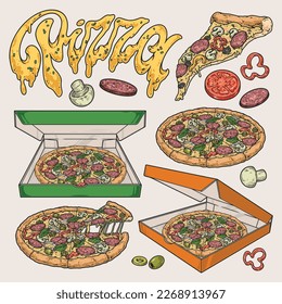 Pizza food labels set colorful with Italian appetizer with pepperoni and cheese in boxes or cut into slices vector illustration