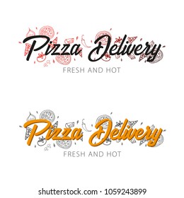 Pizza food logo or emblem for restaurant and cafe. Design with hand-drawn graphic elements in doodle style. Vector Illustration