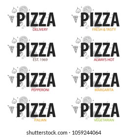 Pizza food logo or emblem for restaurant and cafe. Design with hand-drawn graphic elements in doodle style. Vector Illustration
