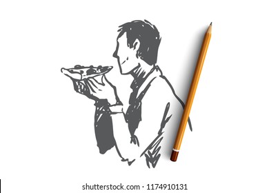 Pizza, food, man, snack concept. Hand drawn man eating slice of tasty pizza concept sketch. Isolated vector illustration.
