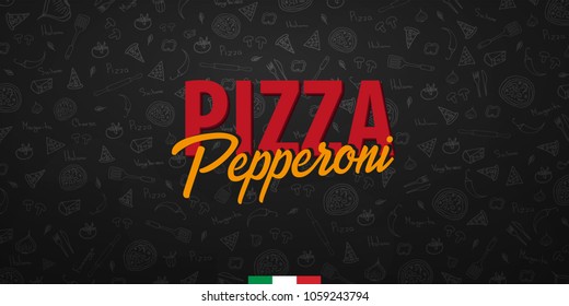 Pizza food menu for restaurant and cafe. Design banner with hand-drawn graphic elements in doodle style. Vector Illustration