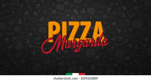 Pizza food menu for restaurant and cafe. Design banner with hand-drawn graphic elements in doodle style. Vector Illustration