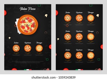 Pizza food menu for restaurant and cafe. Design template with hand-drawn graphic elements in doodle style. Vector Illustration