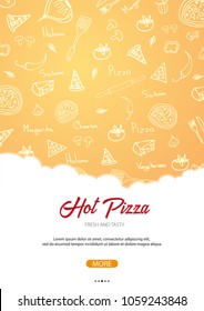 Pizza food menu for restaurant and cafe. Poster with hand-drawn graphic elements in doodle style. Vector Illustration