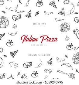 Pizza food menu for restaurant and cafe. Design banner with hand-drawn graphic elements in doodle style. Vector Illustration