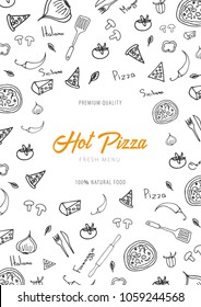 Pizza food menu for restaurant and cafe. Design template with hand-drawn graphic elements in doodle style. Vector Illustration