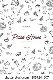 Pizza food menu for restaurant and cafe. Design template with hand-drawn graphic elements in doodle style. Vector Illustration