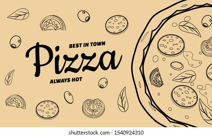Pizza food menu for restaurant and cafe. Design in doodle lineart style template flyer baner with ingredients and text. Vector illustration for food menu or street food posters design, prints, web