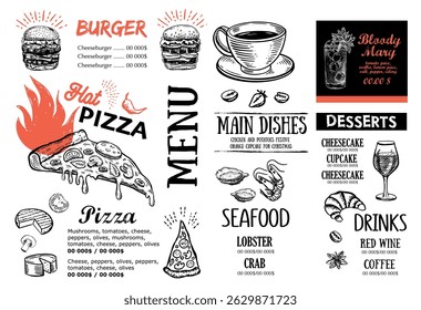 Pizza food Menu, Restaurant, Cafe, template design. Hand drawn illustrations.